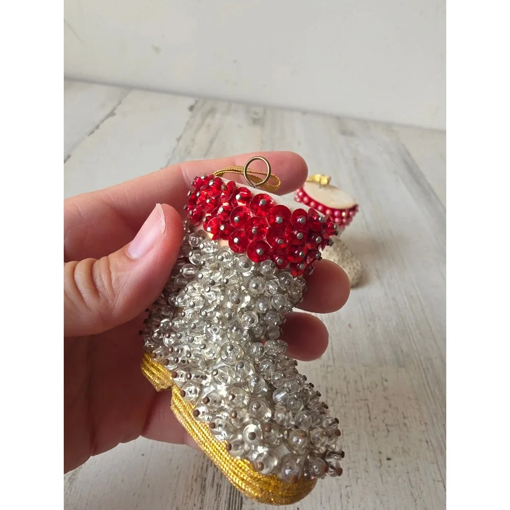 Vintage pushpin Santa boot shoe sequin ornament pearls Xmas tree